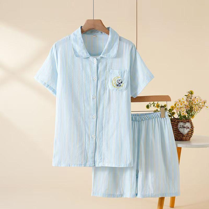 [Short] Summer pajamas women's new% cotton cartoon cardigan double-layer yarn loungewear set