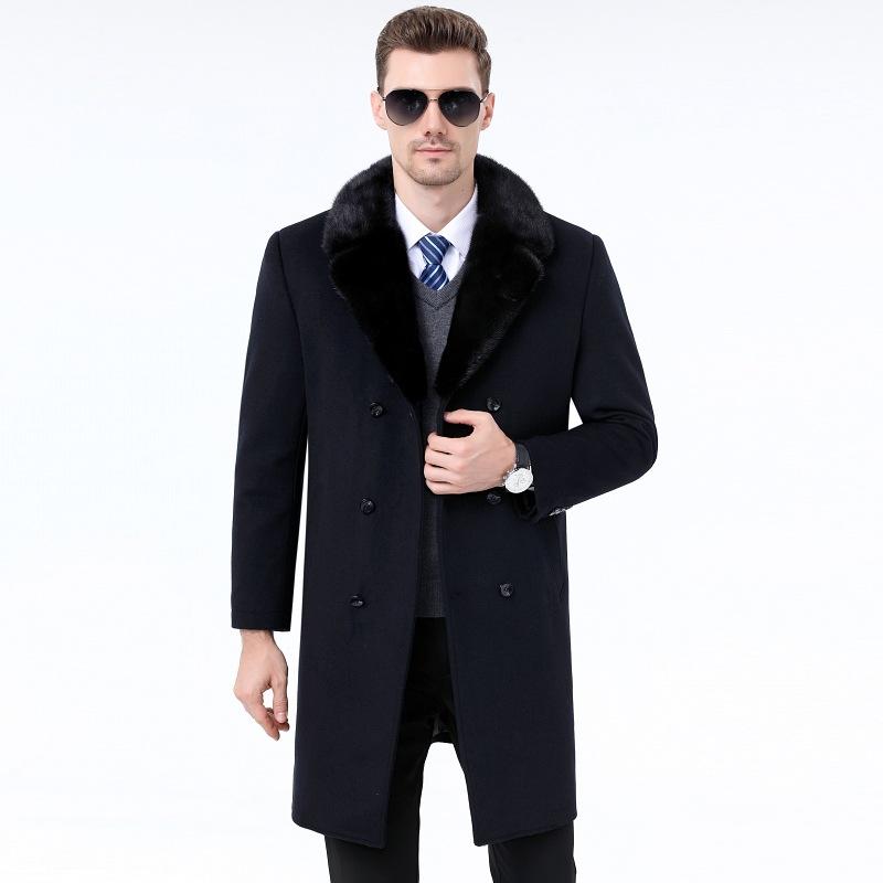 Men's Medium-length Woolen Coat, Rex Rabbit Lining, Removable Cashmere Nikon, Middle-aged Men's Mink Suit Collar Jacket