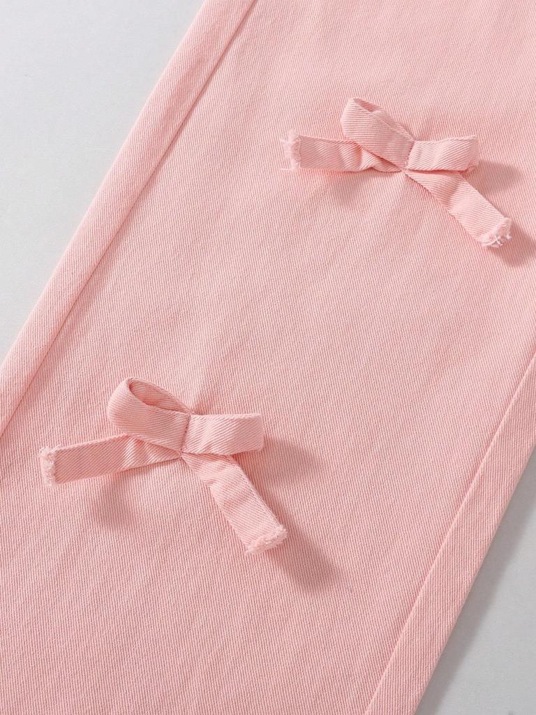 Single-piece girls' wide-leg straight-leg jeans with a fashionable, casual, trendy, and cute pink 3D bow.