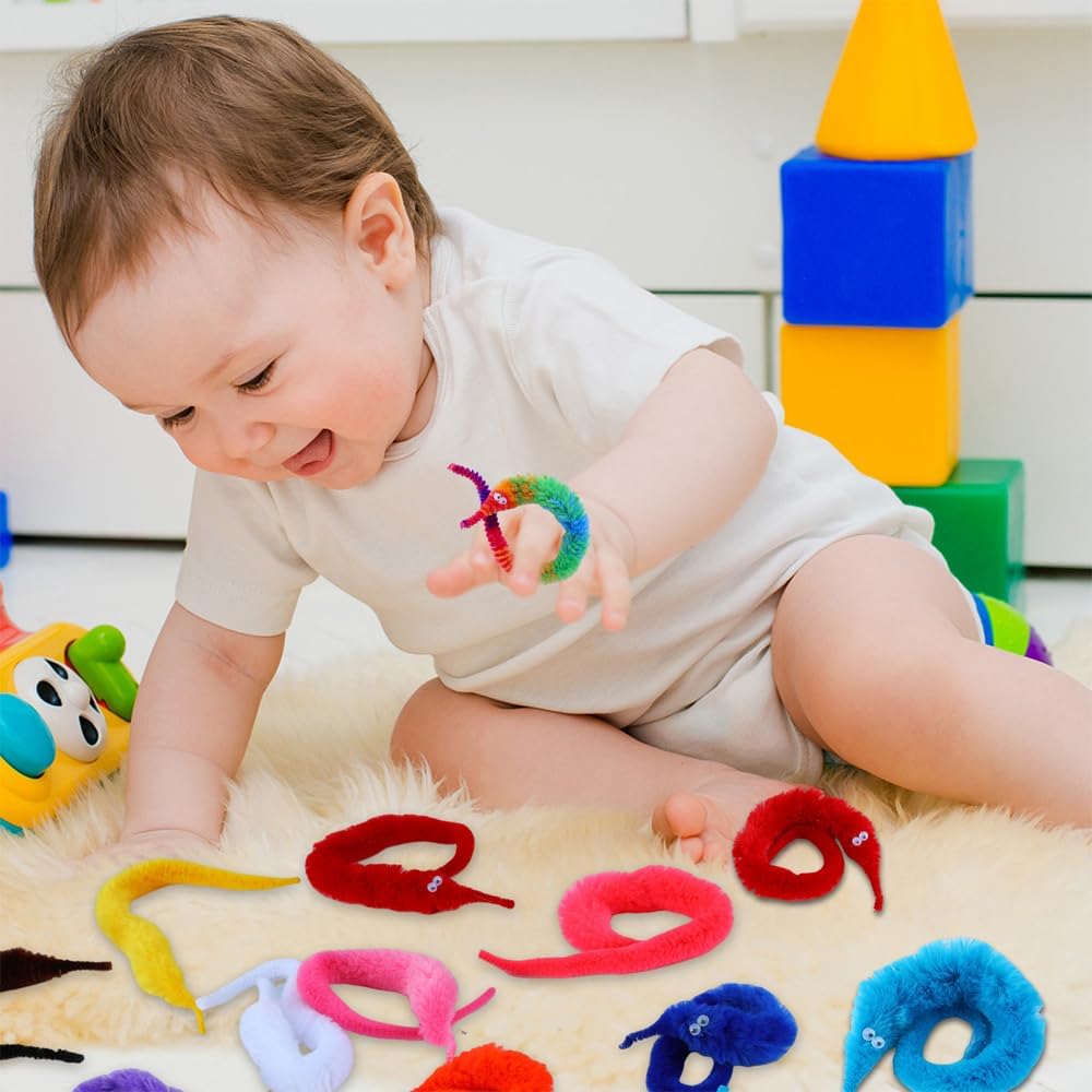 100 Pcs Magic Twisty Worm Wiggly Twisty Fuzzy Worms on a String Magic Worm Toys for Party Supplies,Random Colors
