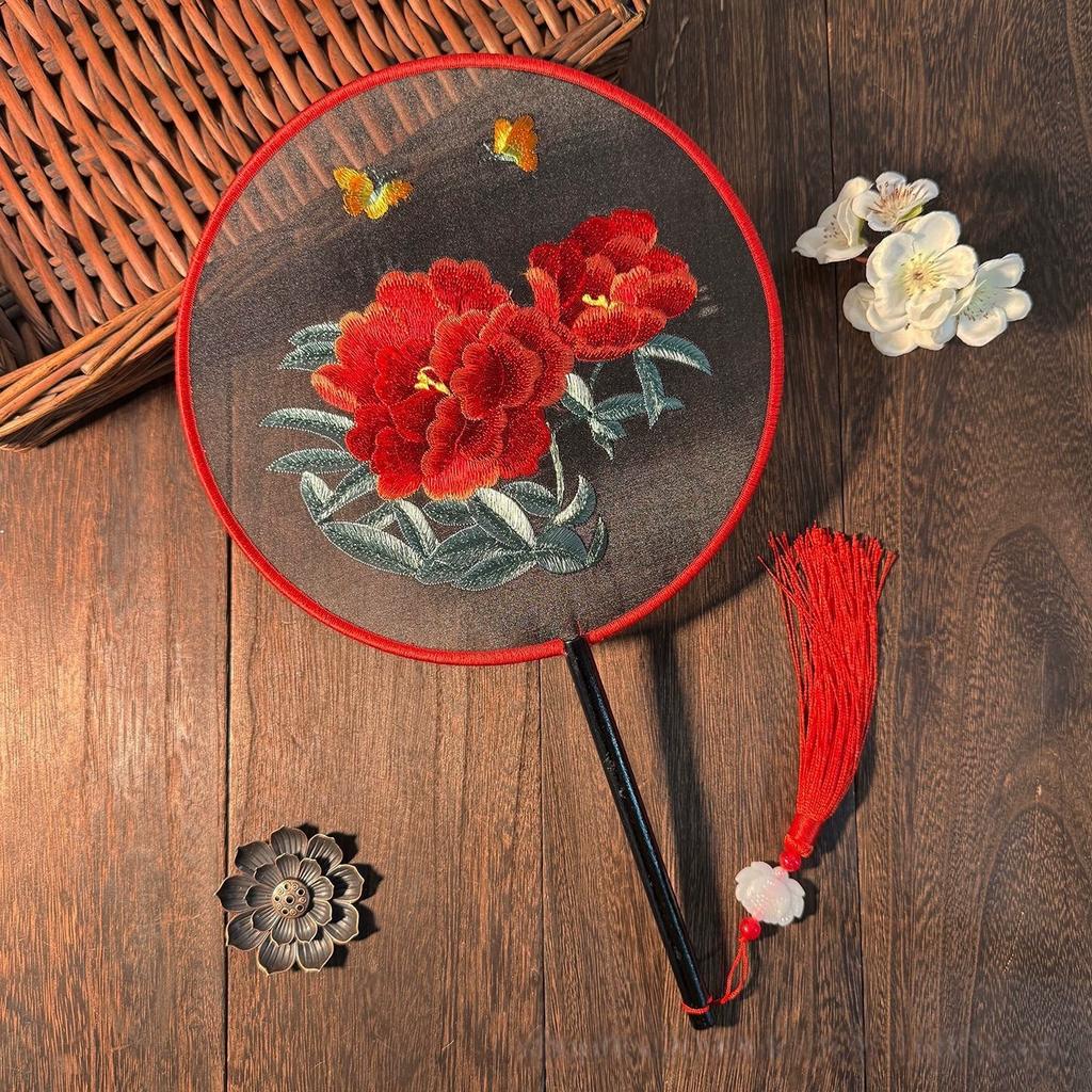 Traditional Chinese Style Round Fan, Chinese Style Suzhou Embroidery Double-Sided Embroidery, Pink Fairy Fan, Embroidery Craft Fan, Dance Fan, Hanfu