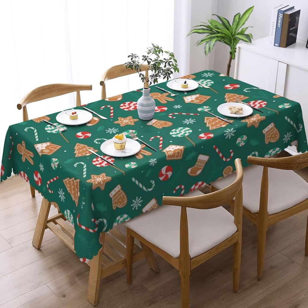 Christmas Candy Cane Gingerbread Waterproof Tablecloth Table Decor Winter Holiday Kitchen Dining Tablecloth Christmas Decoration