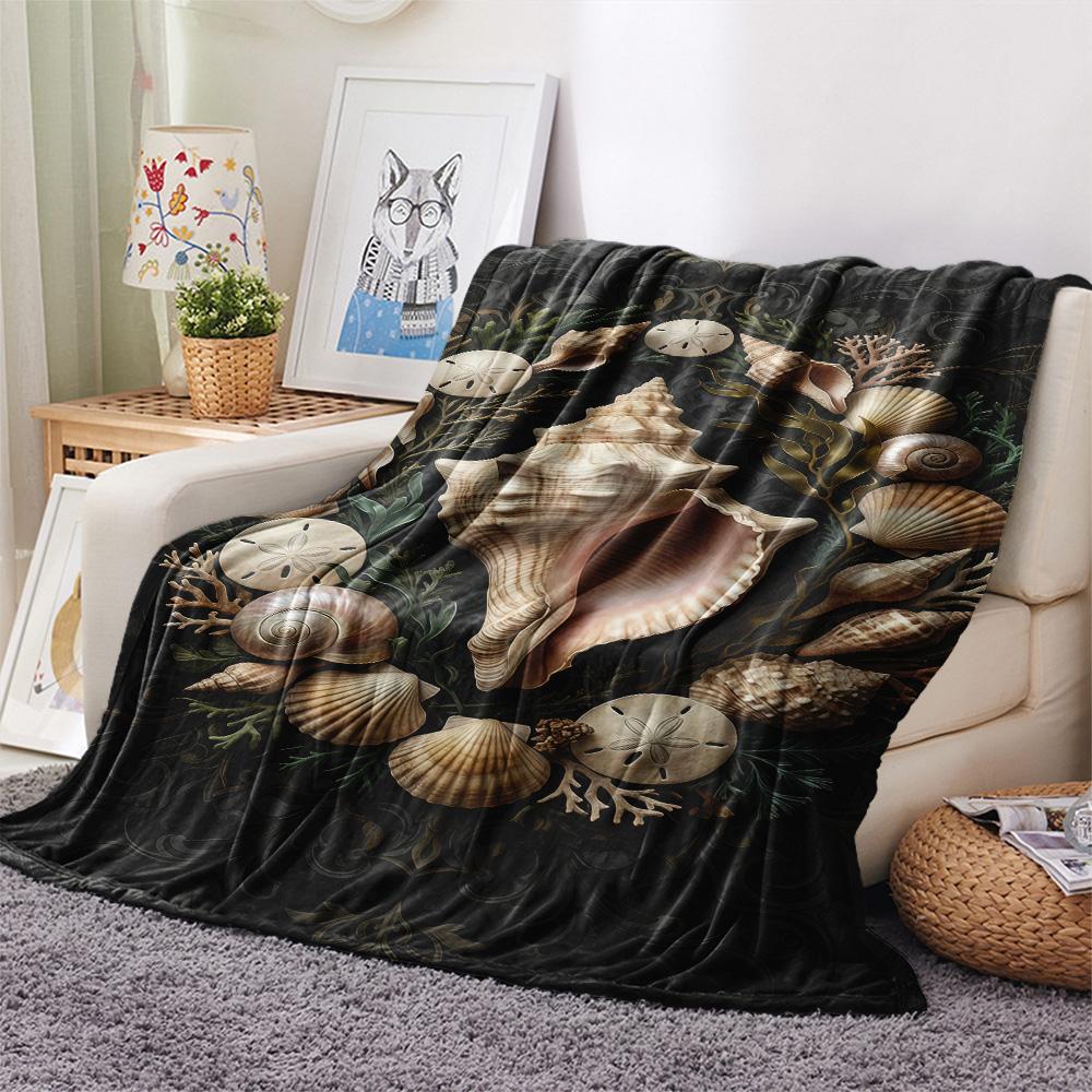 1PC Seashell  Print FlAannel Blanket, High quality Comfortable for All Seasons, Home Decor, Warmth and Comfort