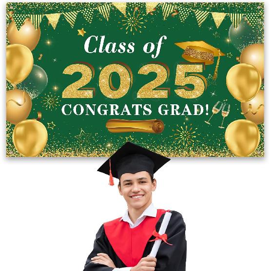 Graduation Decorations Congrats Grad Class of 2026 Backdrop - Green and Gold Grad Banner Background Photo Props Hanging Decorations for Indoor