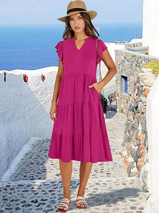 2025 Women's V-Neck Ruffle Sleeve Patchwork Midi Dress with Pockets