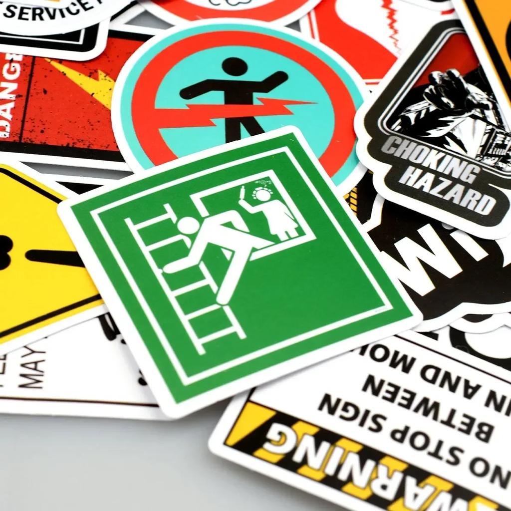 50PCS Cartoon Warning Stickers – Danger/Ban Decals for Skateboards, Guitars, Laptops, Motorcycles, Cars & Toys