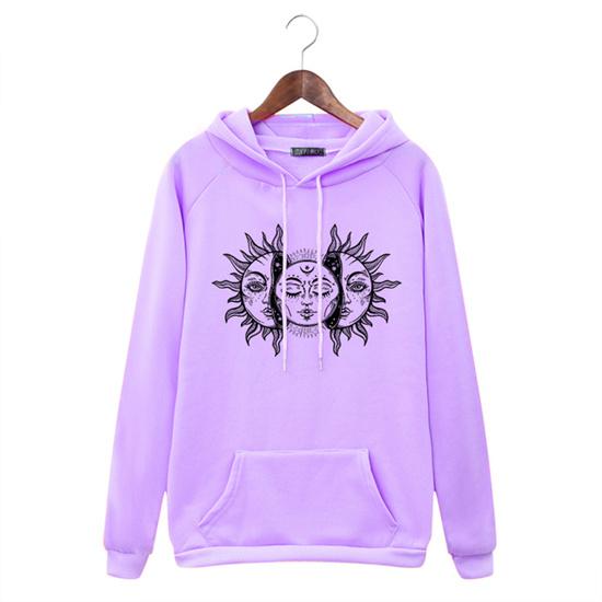 women's retro sun moon print hooded long sleeve dress