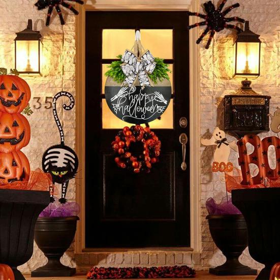 Halloween Skeleton Welcome Door Sign Artificial Leaves Bowknot Decor Indoor Outdoor Halloween Sign Family Gathering Decoration