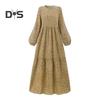 Women Maxi Dress O Neck Long Sleeve Loose A Line Big Hem Dot Print Vintage Soft Patchwork Dubai Turkey Abaya Long Robe Dress