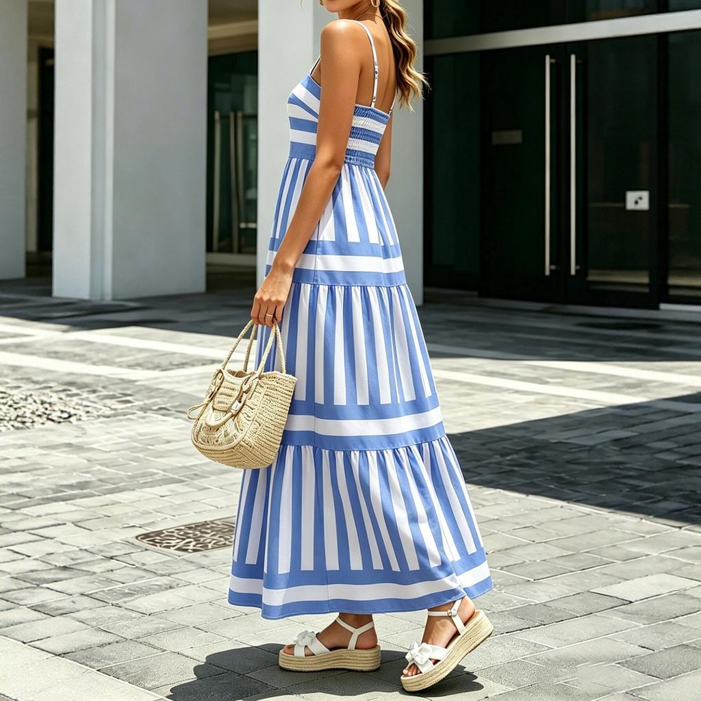 European and American Style French Retro Blue and White Striped Suspender Dress for Women, Temperament Waist Pendulum Holiday Beach Skirt