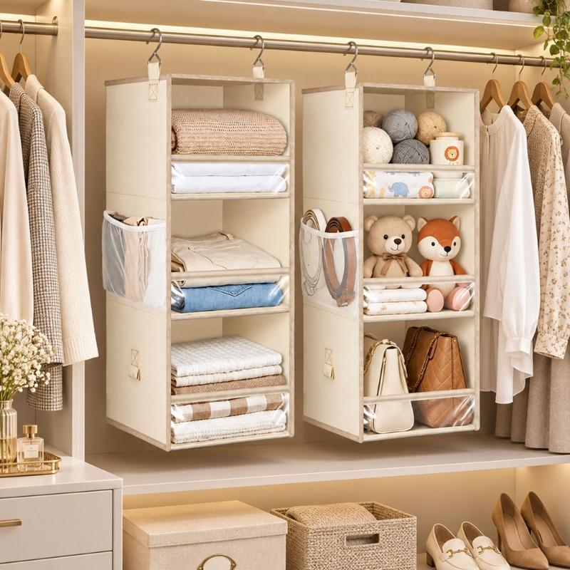 Foldable Hanging Closet Organizers Shelves in Nonwoven Fabric with 3 Storage Levels and a Side Pocket for Small Accessories