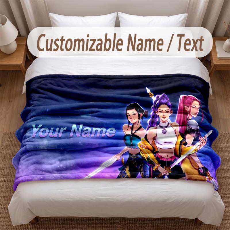 Kpop Demon Hunters Printed Flannel Blanket Custom Name Text Soft Warm Throw For Bedroom Holiday Gift