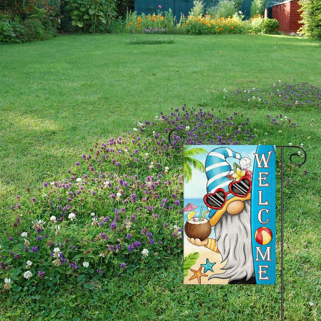 Welcome Summer Gnomes Garden Flag 12x18 Double Sided Vertical Outdoor Flag for Farmhouse Decoration Yard Lawn Garden Banner