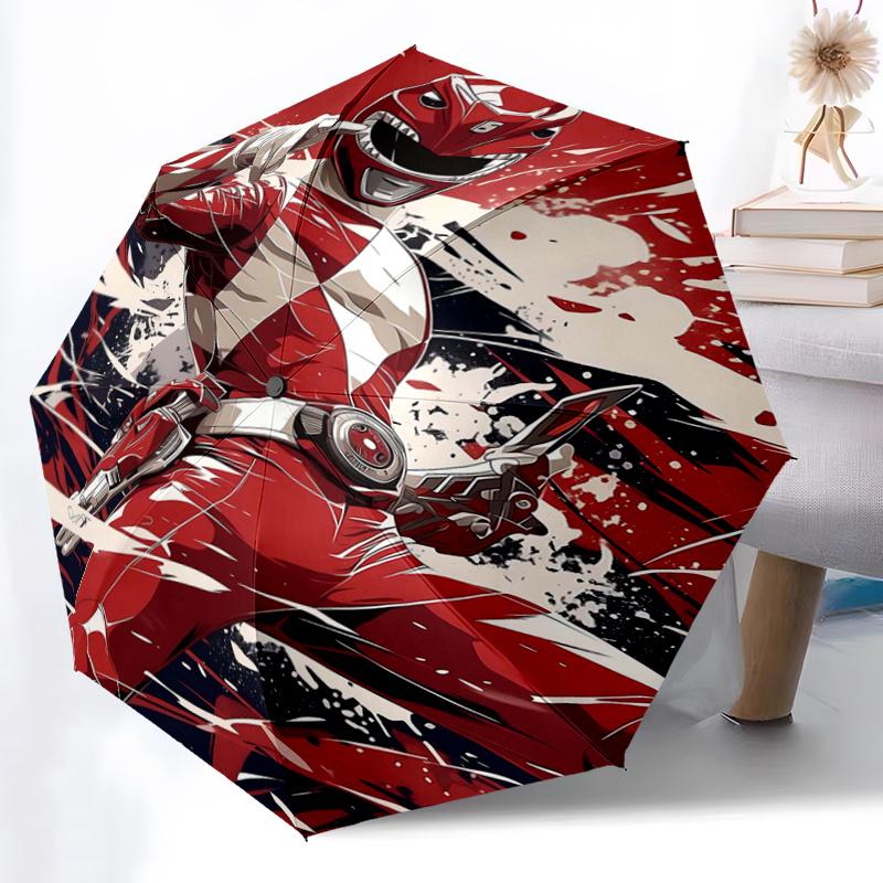 1pc Red Ranger in Action Pattern Beautiful Looking Automatic Folding Umbrella, 3 Folding, 8 Iron Frame Design, Durable and Suitable for Travel an