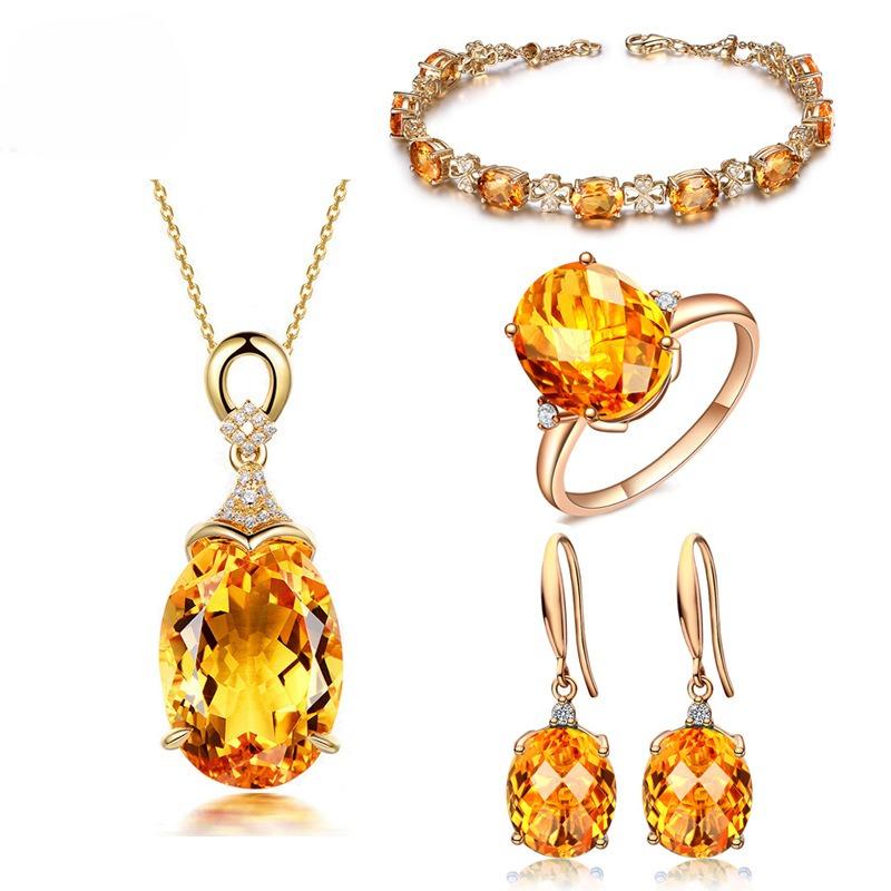 2026 Bracelet Plated Four-claw Citrine Ring Yellow Gold Oval Earrings Citrine Pendant Set Resizable