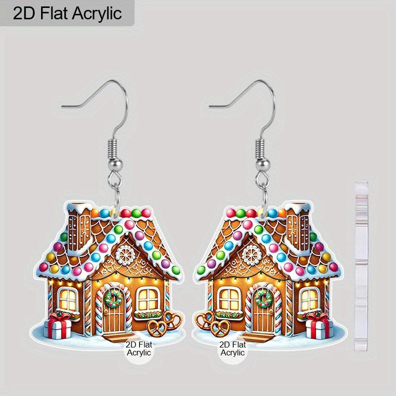 2D Flat 2pairs Christmas Candy House Acrylic Dangle Earrings, Perfect Gift for Women, Christmas Party Jewelry