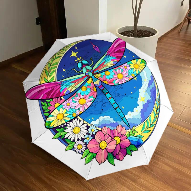 

Colorful Dragonfly & Flower Design Automatic Opening Folding Umbrella with 8-Bone Iron Frame, Suitable for Fans, Travelers, Daily Use, and G