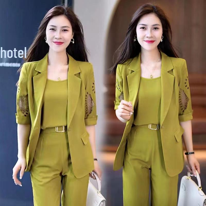2025 Summer High-End Fashion Suit: Elegant Slim Short Sleeve Harem Pants Three-Piece Set
