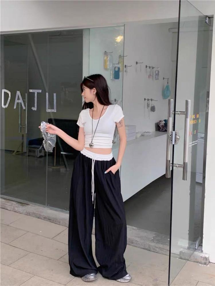 Colorblocking Elastický pas Volné Široké nohavice Ležérní Kalhoty Dámské Léto Textura Splývavé Rovné Kalhoty po zem Stovka Trend