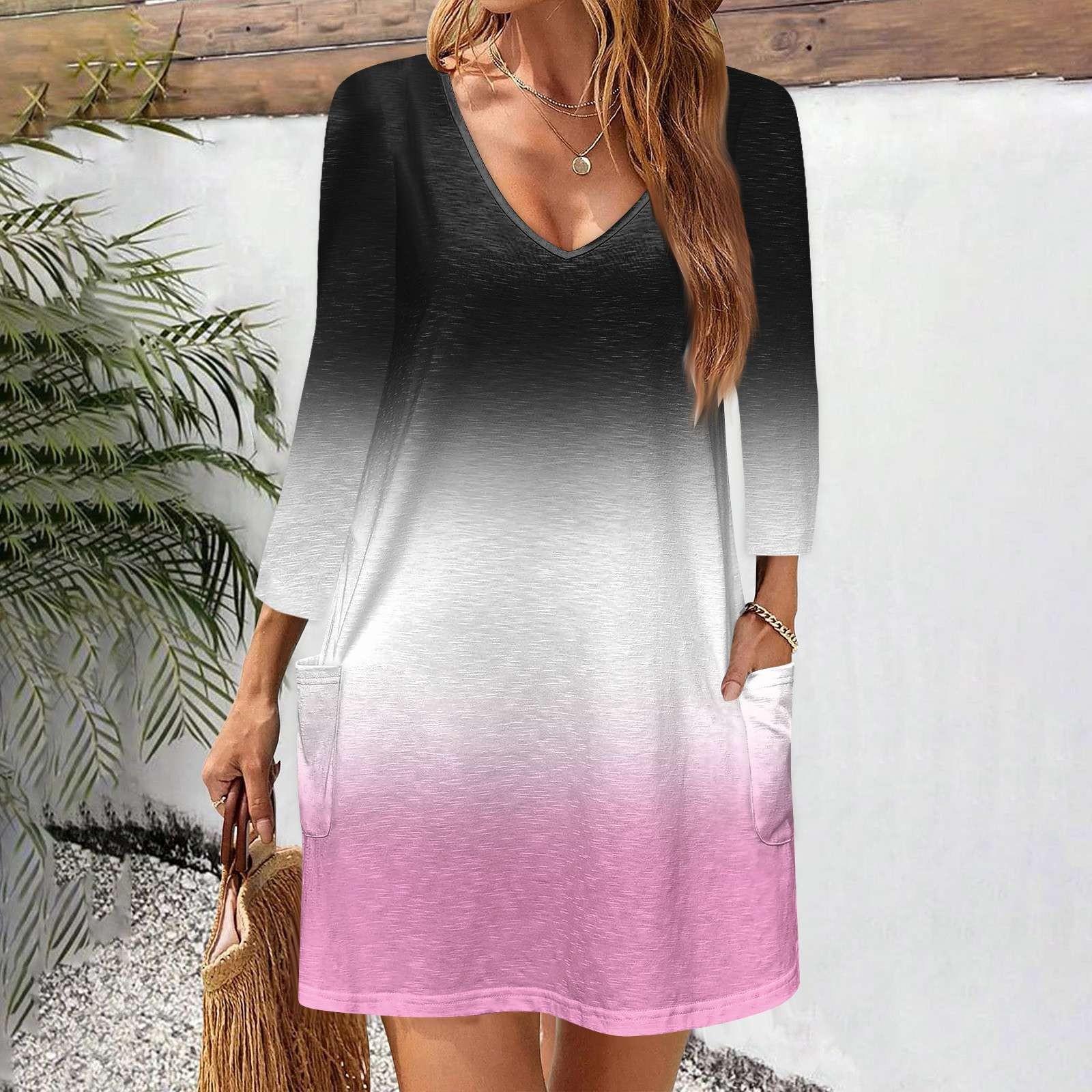 

Женское повседневное и модное свободное платье с v-образным вырезом и градиентным принтом, карманами и рукавами 3/4 XL белый