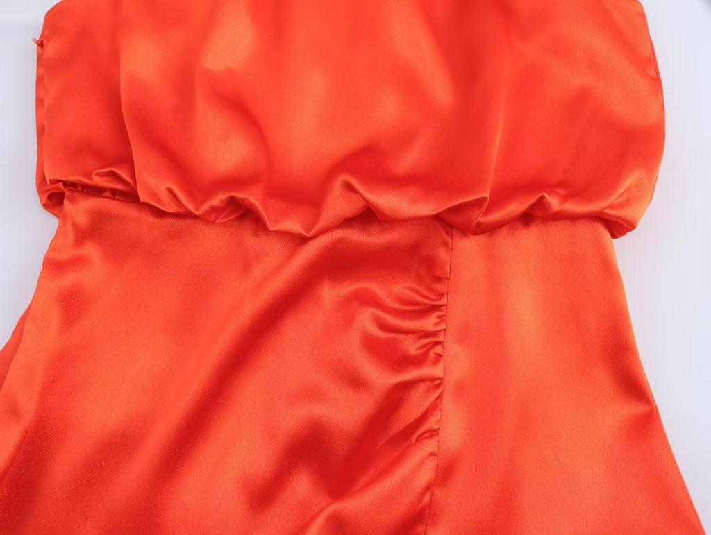 2025 Spring Women's European & American Style Pleated Satin Midi Dress with Decorative Buckle