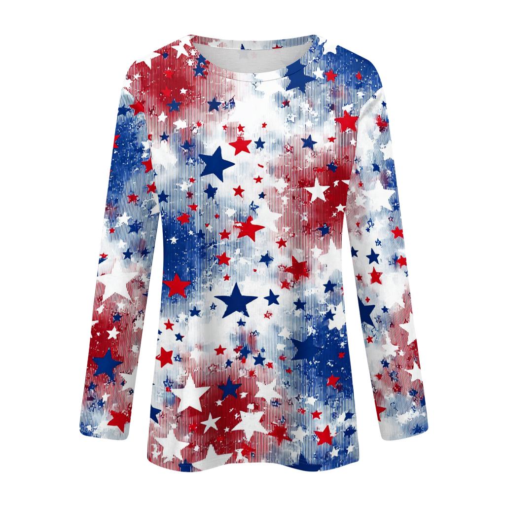 Women's Fashionable Casual Long-Sleeved Independence Day Print Neck Top