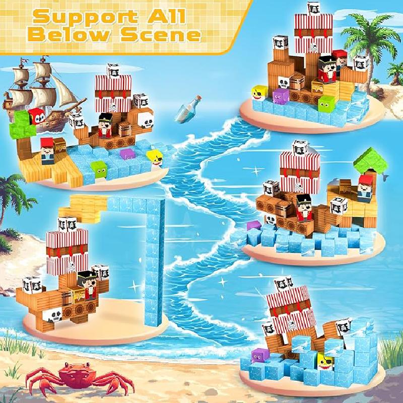 Magnetic Building Blocks Mine World Undead Pirate Ship Cube Magnet Set for Kid Age 3+ DIY Model Children Creativity Gift