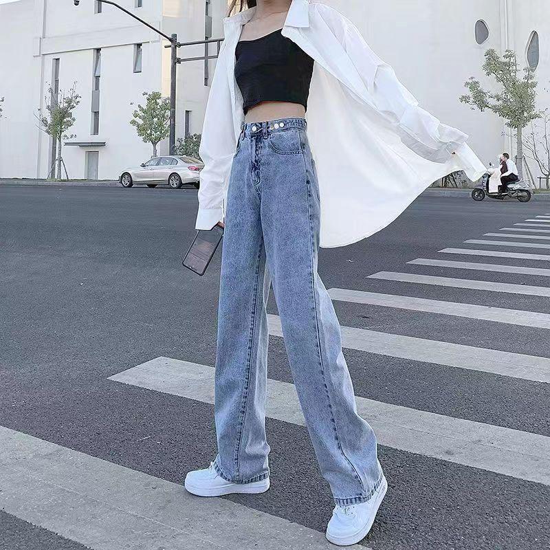 

2025 Spring/Summer High-Waisted Light Blue Wide-Leg Floor-Length Jeans for Women XL
