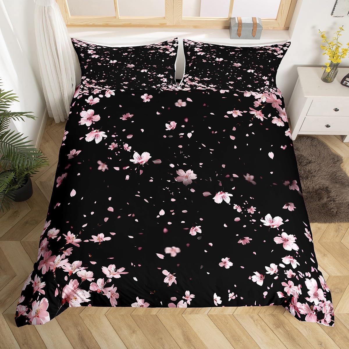 

Pink Chery Blosom Soft Duvet Cover Twin King,Japanese Flowers Blosoms Romantic Floral Beding Set,Farmhouse Petals Warm Comforter Cover 100*200cm Single