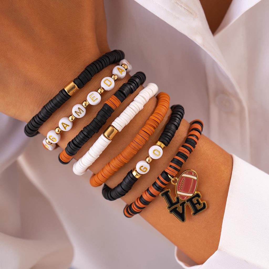 Accessories Super Bowl Alphabet Soft Pottery Beaded Bracelet, Fashion Rugby Pendant Bracelet Set Women