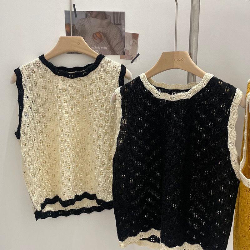 Hollow Sleeveless Vest for Women Niche Color Blocked Loose Knitted Vest Top