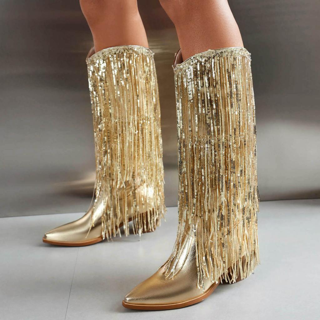 Wide Calf Boots For Women Over The Knee High Women'S Rhinestone Fringe Boots Sparkly Western Cowboy Boots Zapatos De Mujer