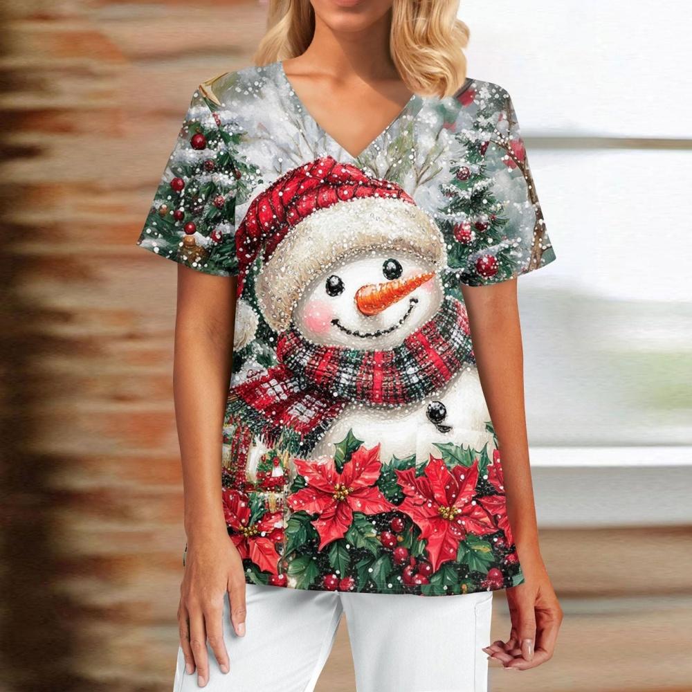 

Рождественский снеговик Униформа Женская Мультяшный 3D-принт Модный V-образный вырез Медсестра Летний Короткий рукав с карманами Клиническая форма Женская XL