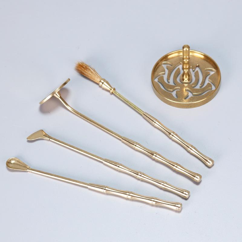 Brass Incense Ceremony Set: Natural Color Seal, Ash Press, Tamping Tool, Brush, Spade