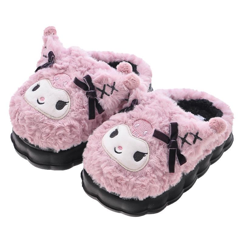 Sanrio Winter Furry Cotton Slippers for Girls – Warm Indoor Cartoon Shoes with Thick Soles, available in Parent-Child Sizes.