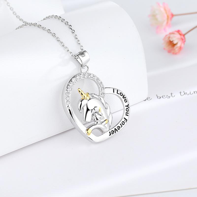 Heart-Shaped Mother-Daughter Unicorn Necklace with Name Engraving and Diamond Inlay