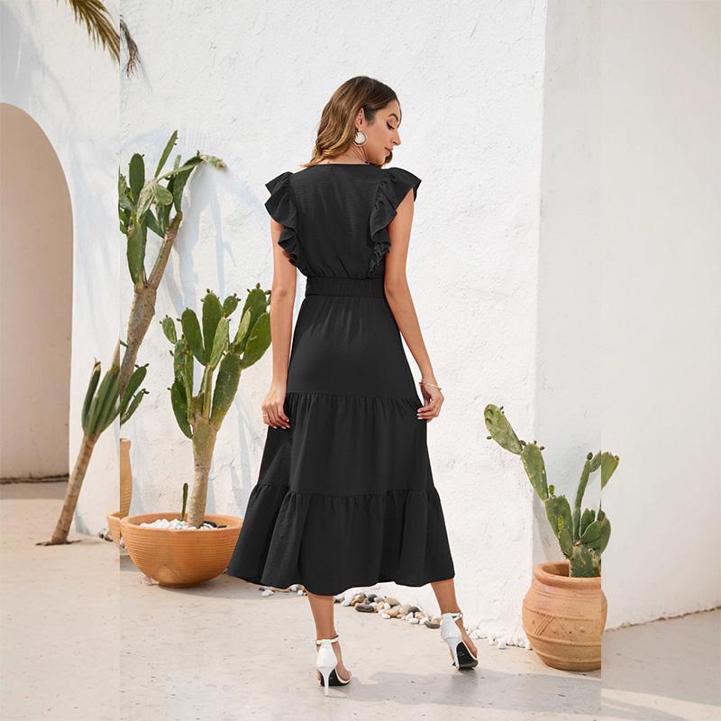 Women's V-Neck High Waist Tiered Ruffle Maxi Dress Casual Smocked Beach Vacation Long Dress