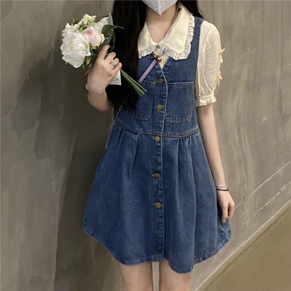 Pleated Cowboy Strap Dress V-neck Sleeveless Short Dress Sweet Denim Camisole Dress  Beachwear