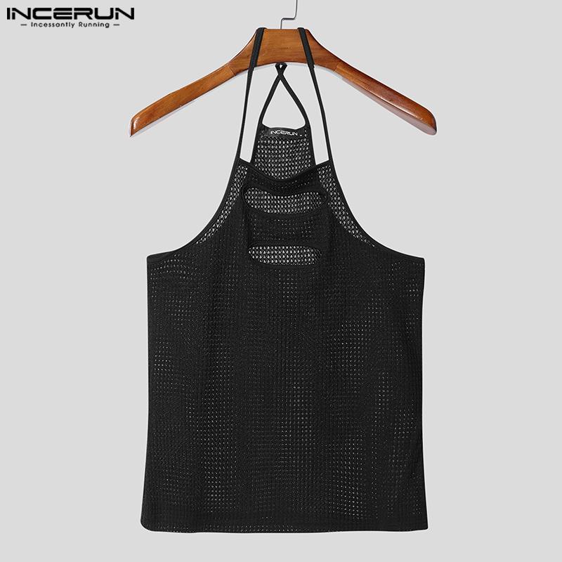 INCERUN Men Strap Sleeveless Hollow Out Mesh Sheer Solid Tanks Camisole