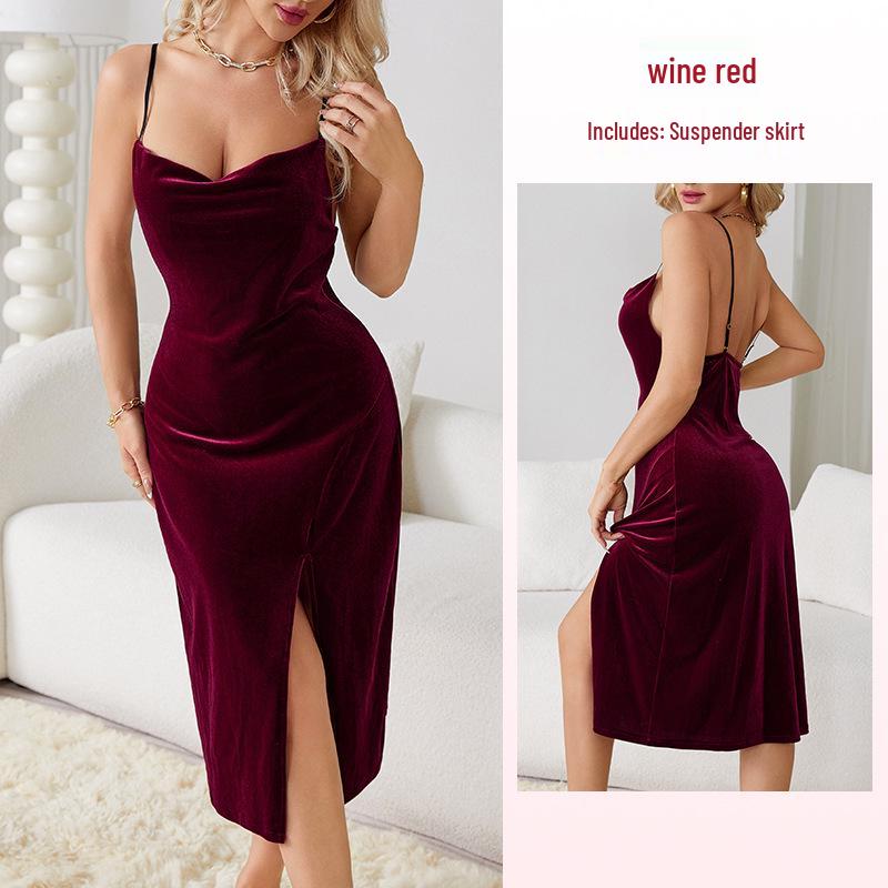 Fiyun Elegant Velvet Nightgown with Sexy Slit and Backless Design - European & American Style Home Set 651