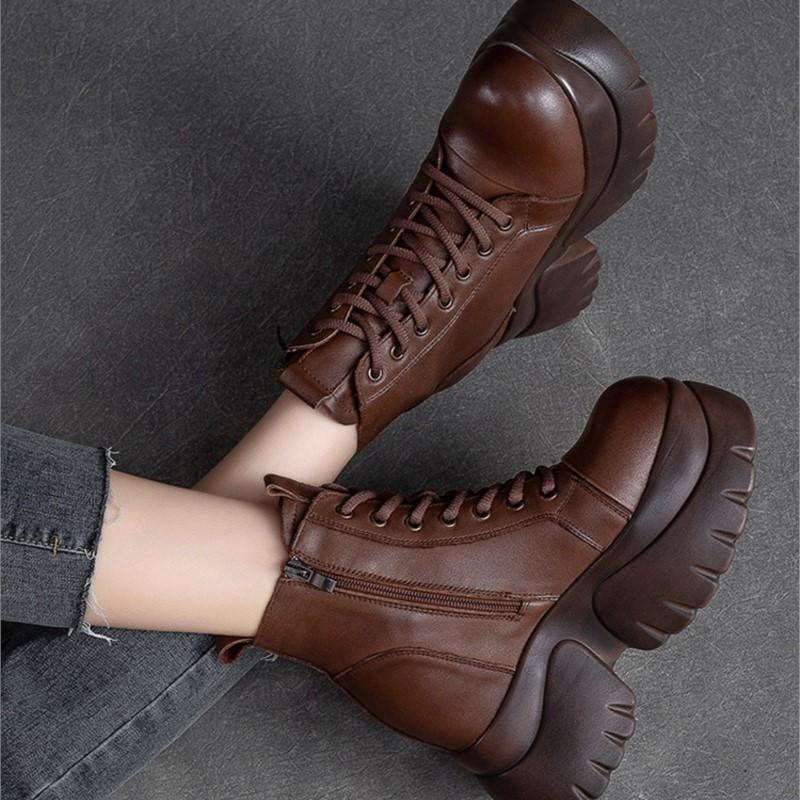 Johnature Pravá kůže Silná podrážka Dámské Kozačky Retro Kulatá špička Boční Zip Klínky Boty na platformě