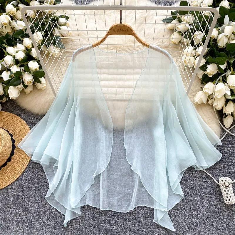Women's Beach Cover Up Sheer Chiffon Flare Sleeve Top