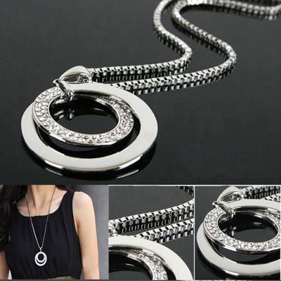 Women Fashion Double Circles Rhinestone Inlaid Long Chain Necklace Jewelry Gift