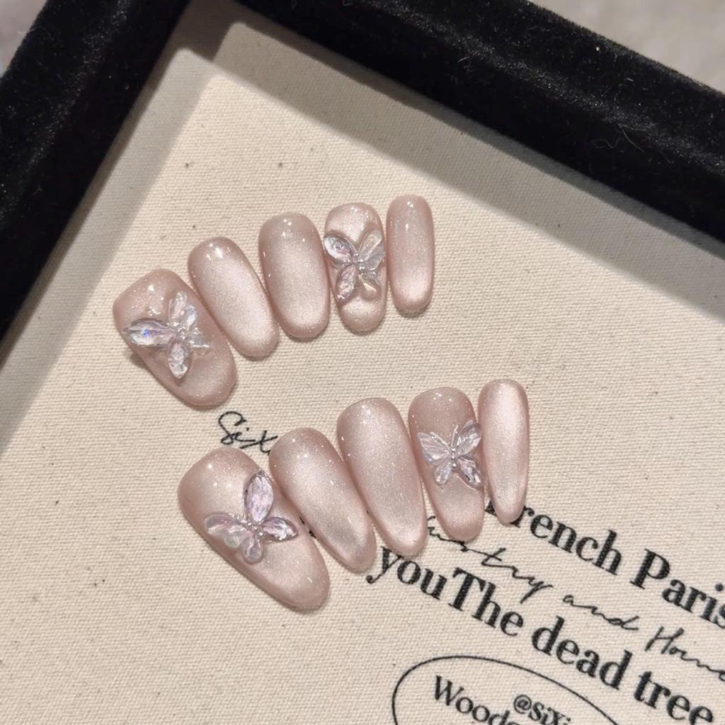 Yihe Ice Crystal Butterfly Wearable Nails - Gentle Translucent Cat Eye Blush Whitening Nails