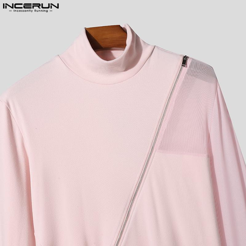 INCERUN Podzimní pánské rolákové topy s dlouhým rukávem, síťovanou patchworkovou aplikací, dlouhá tuniková trička