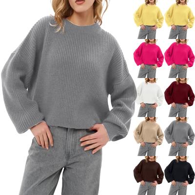Women's Loose Solid Color Short Round Neck Pullover Long Sleeve Knit