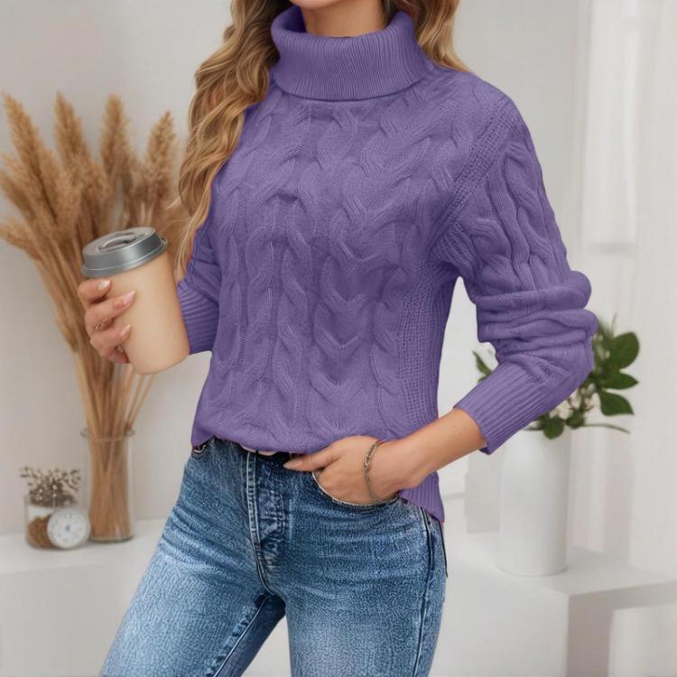 Warm Oversized Cable Knit Sweater Women Turtleneck Pullover Solid Color Thick Slim Fit Long Sleeve