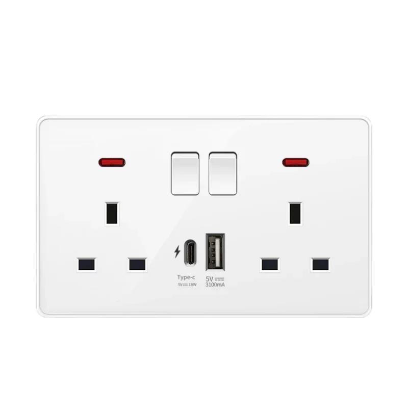 18W Type-C Plug Quick Charging Uk 13A Usb Wall Socket,Electrical Outlet with 3.1A USB C,Universal Dual 5-pin Power Socket Panel
