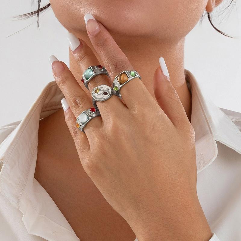 Fashionable Sturdy Metal Geometric Rings Set with Stylish Gemstones Portable for Fashion Women Ladies Casual Wear