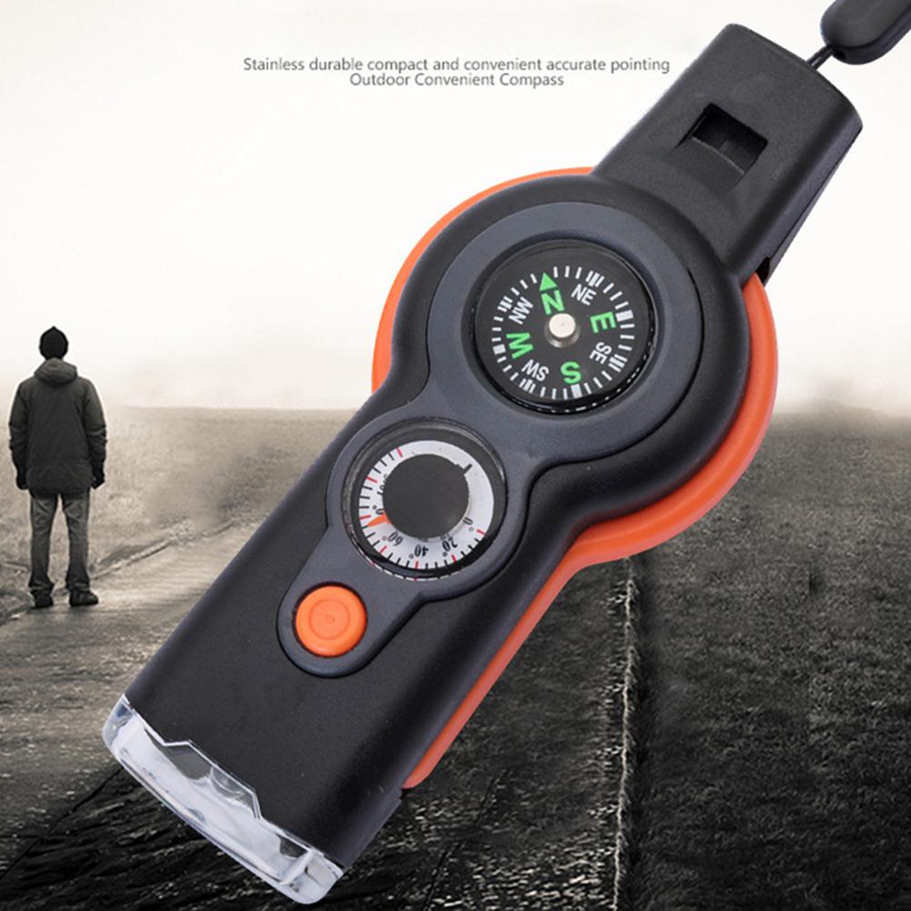 7 in 1 Multifunktions-Outdoor-Pfeife Kompass Thermometer LED-Licht Spiegel Lupe Outdoor